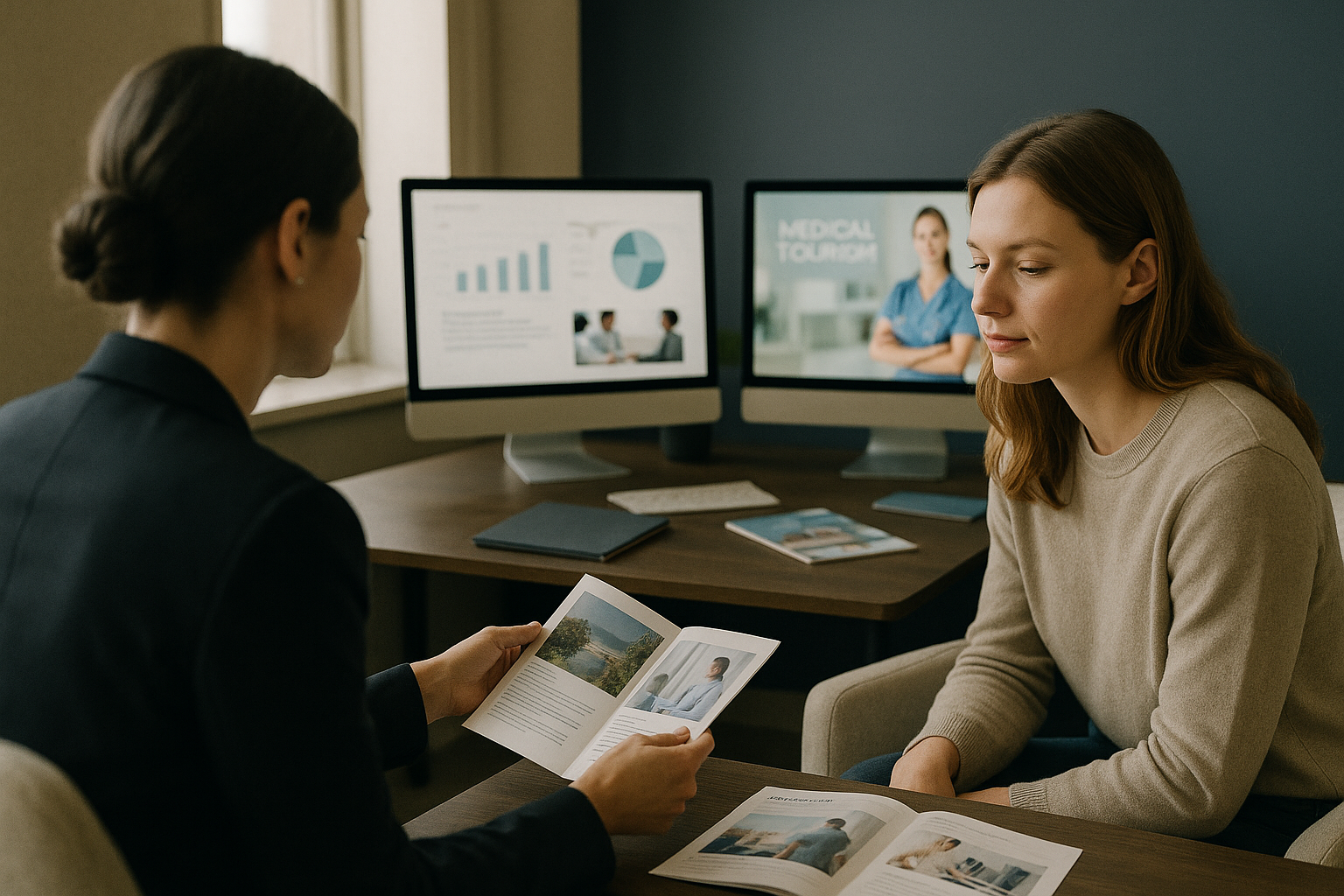 Medical tourism market analysis in a modern office setting with digital marketing tools.