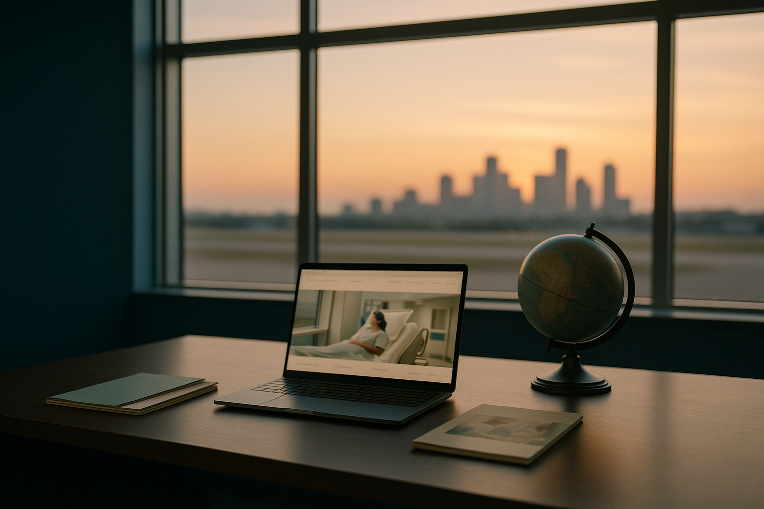 Modern executive workspace with medical tourism packages brochures and a laptop.