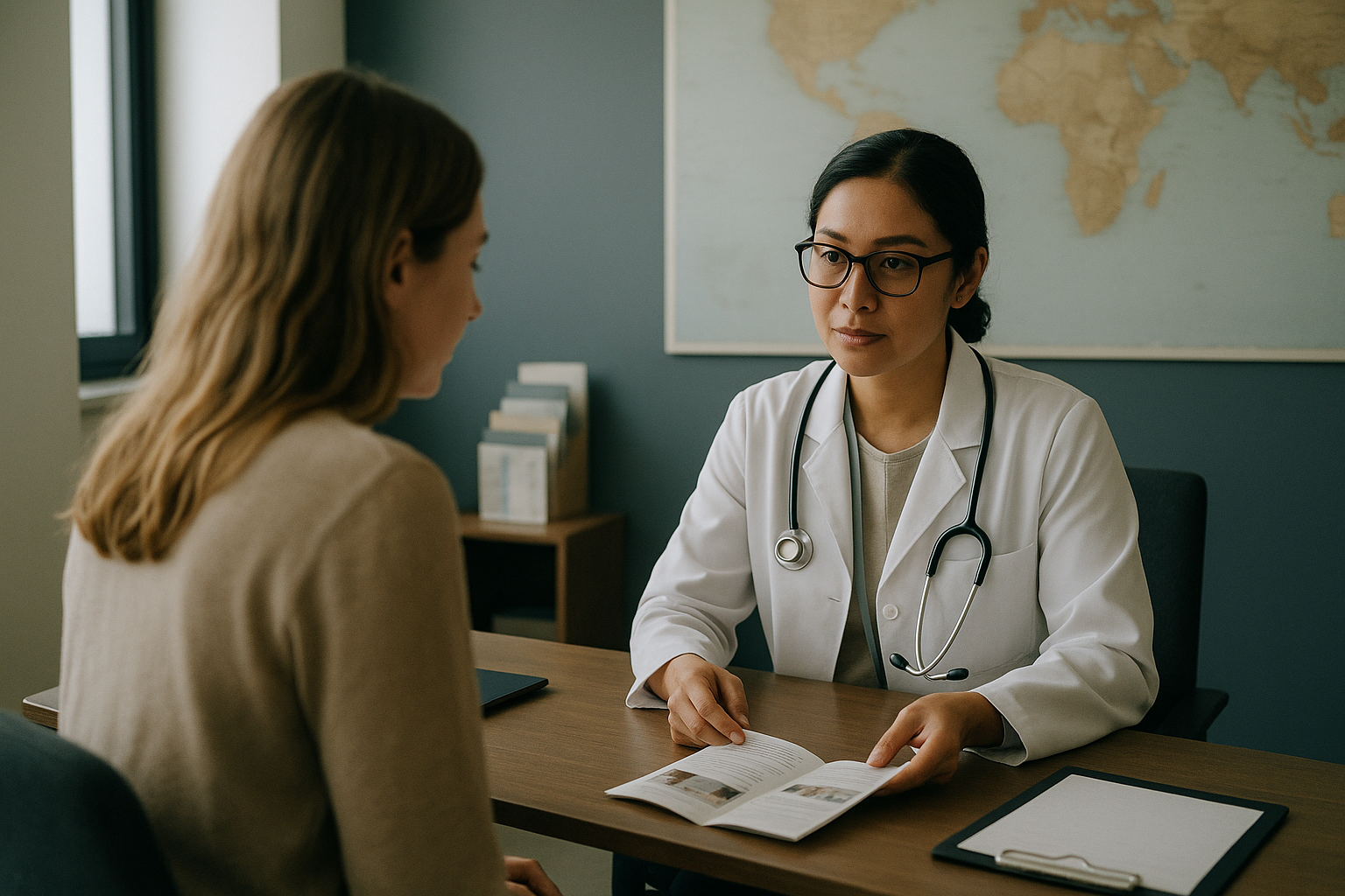 International patients in a healthcare facility discussing a medical vacation with a map in the background.