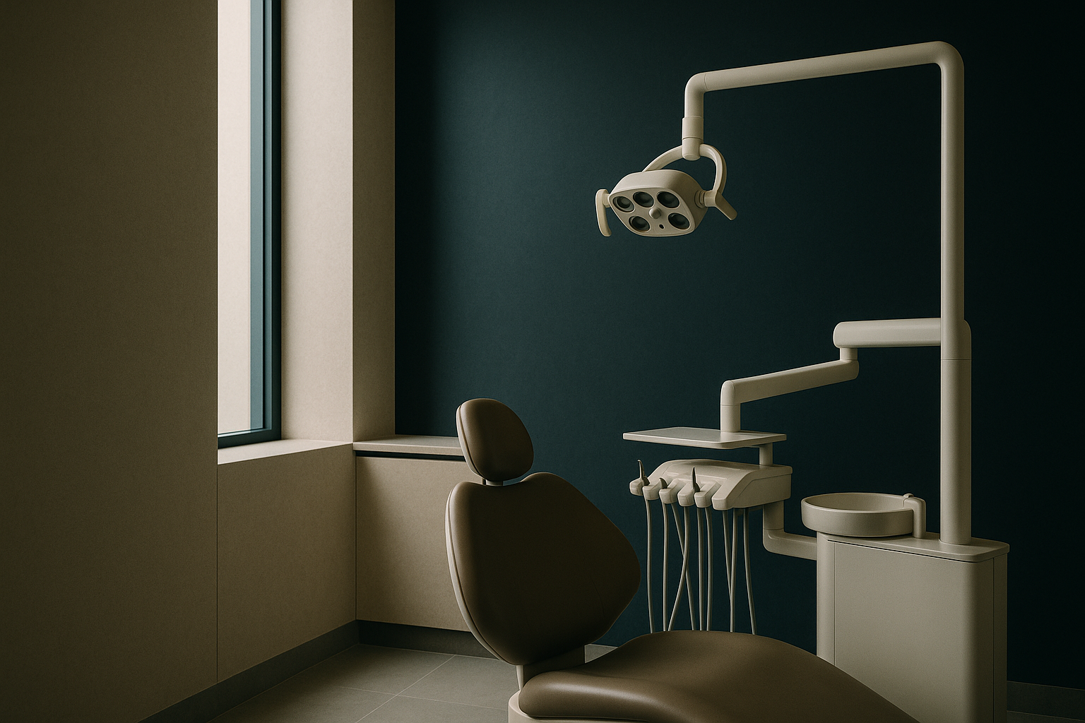 Mexico for dental implants: a modern dental clinic with equipment and a dentist preparing for a procedure.