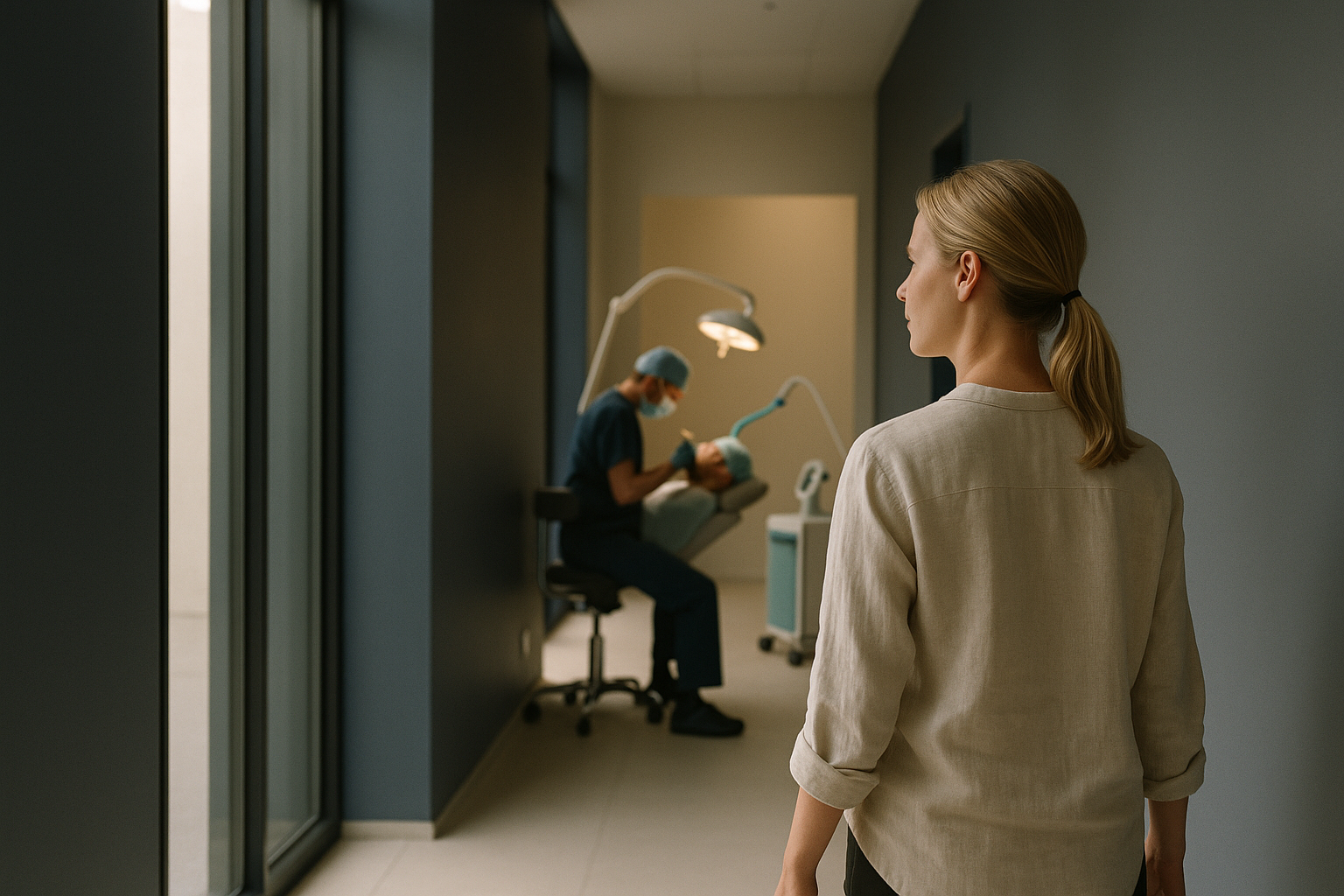 A surgeon performing a mustache hair transplant in a modern clinic setting.