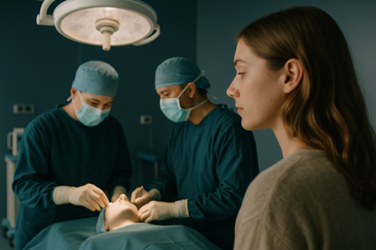 Nose surgeons in Turkey performing surgery in a modern operating theatre.