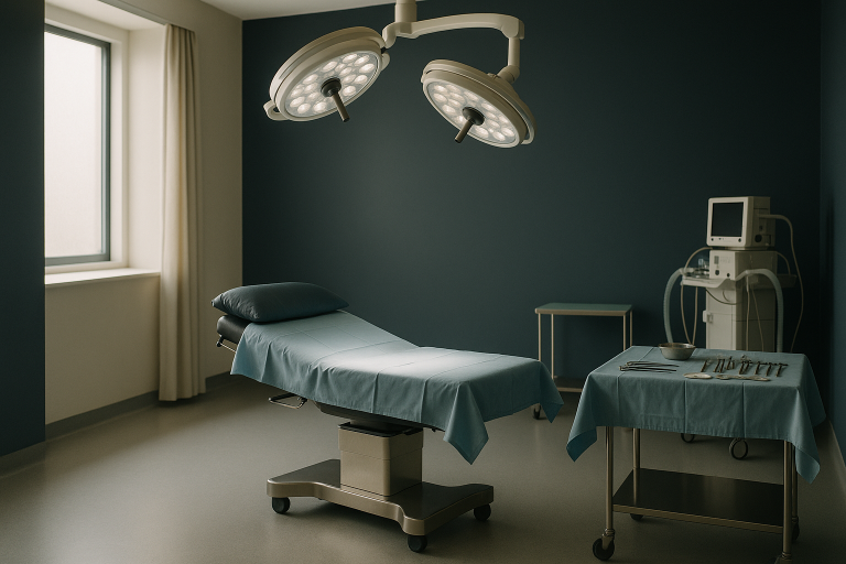 Modern operating theatre setup for nose surgery with surgical tools and equipment.