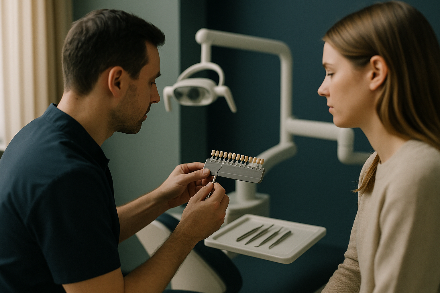 Dentist explaining price veneer options with dental tools and veneer samples in a clinic.