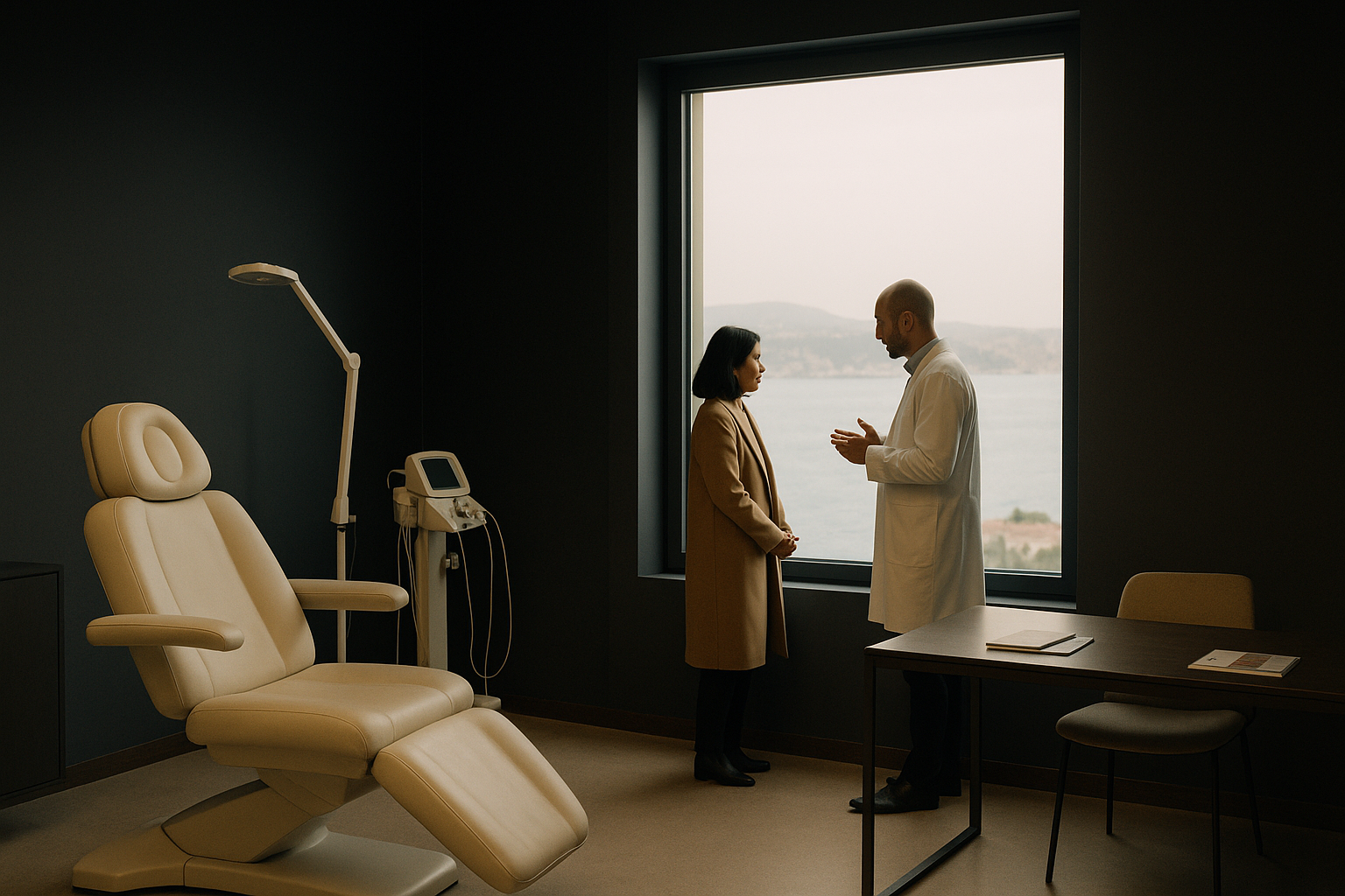 Modern cosmetic surgery consultation room in Istanbul overlooking the Bosphorus, ideal for rhinoplasty discussions.