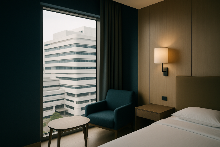 Modern hotel room in Singapore overlooking a hospital, highlighting Singapore medical tourism accommodation costs 2026.