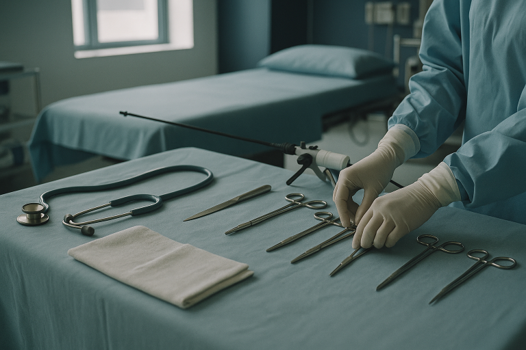 Operating theatre setup for gastric sleeve surgery with focus on surgical instruments and laparoscopic equipment.