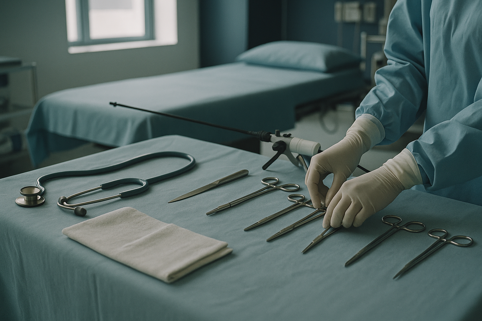 Operating theatre setup for gastric sleeve surgery with focus on surgical instruments and laparoscopic equipment.