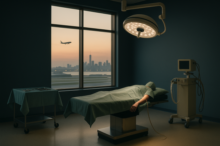 Surgery for arms in a modern operating theatre with medical staff and equipment.