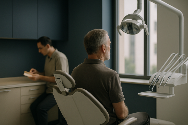 A dentist in a modern clinic preparing teeth veneers for a patient.