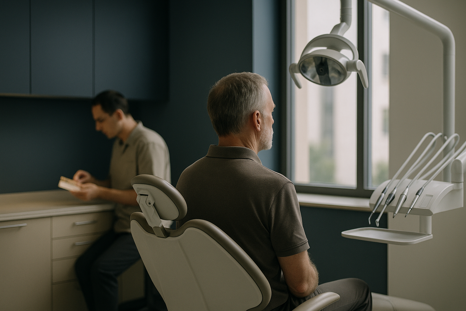 A dentist in a modern clinic preparing teeth veneers for a patient.