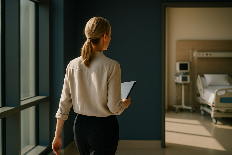 A turkey doctor in a modern hospital room reviewing patient records.