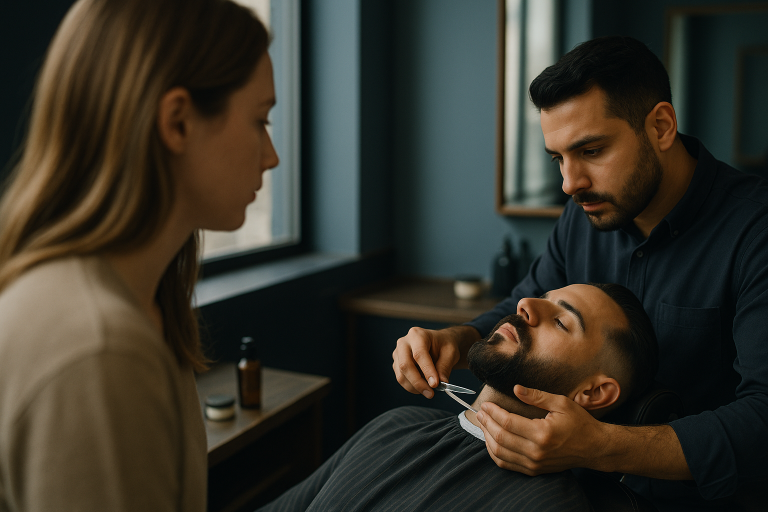 Man receiving a beard trim in a barbershop, showcasing the Turkish beard style.