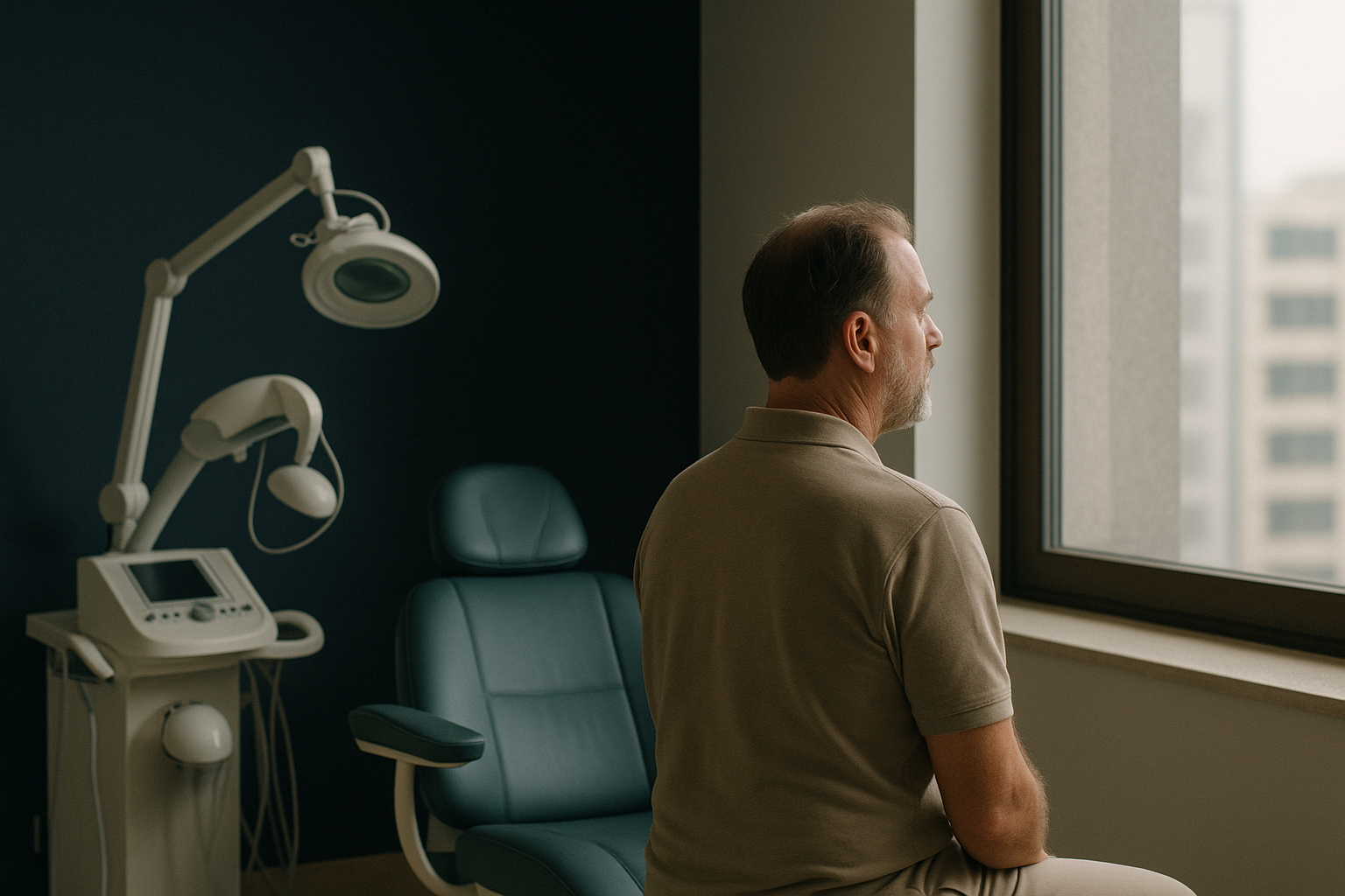 A doctor consulting with a patient in a Turkish clinic about hair implants.