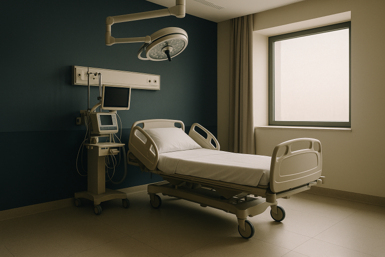 A modern Turkish hospital representing Turkish medical tourism with advanced medical equipment and international patient services.