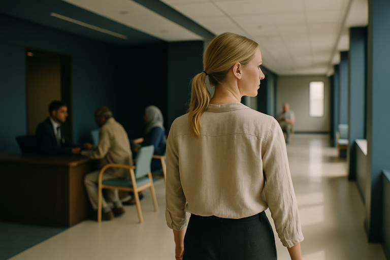 Reception area of a modern international hospital with medical tourists.