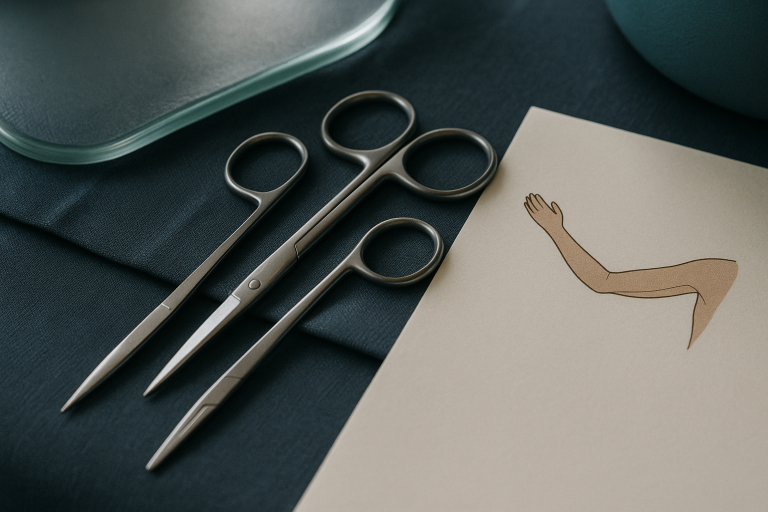 Brachioplasty procedure setup in an operating theatre with surgical instruments and arm diagrams.
