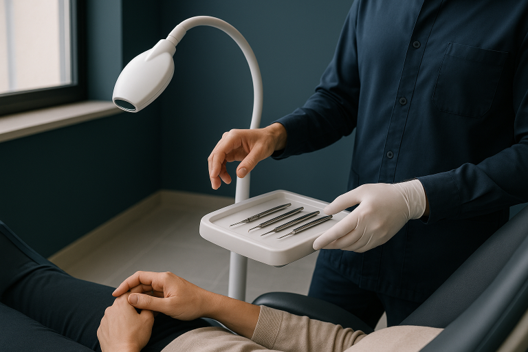 A dental clinic setting showcasing white teeth before after results, with a dentist and an international patient.